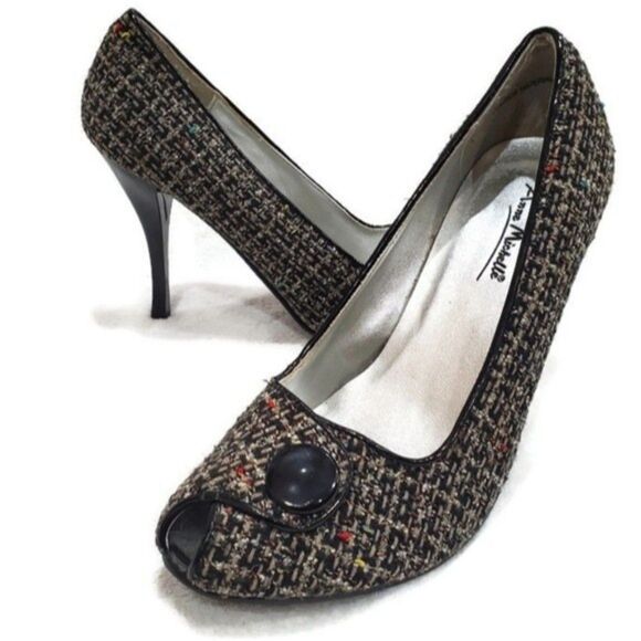 Anne Michelle Black Multicolor Tweed Open Toe Pumps Size 8 - Picture 1 of 15